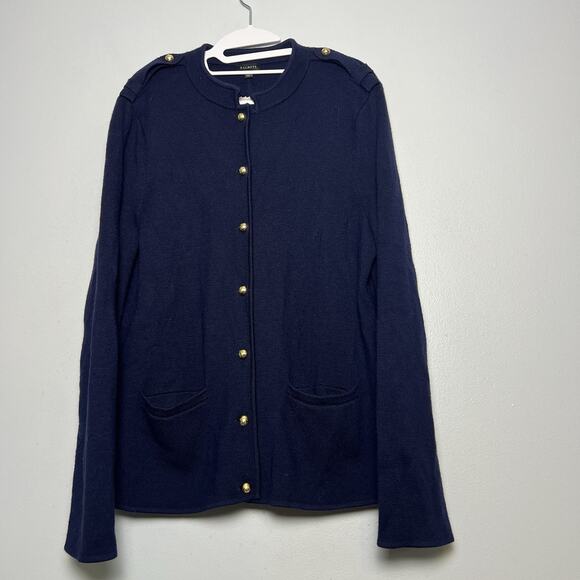 Talbots Womens Button Up Wool Blend Knit Blazer Sz XL Navy Blue Military Preppy - Picture 1 of 16